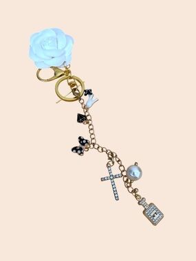 Gold Charm Keychain with White Flower, Pearl & Crystal Cross